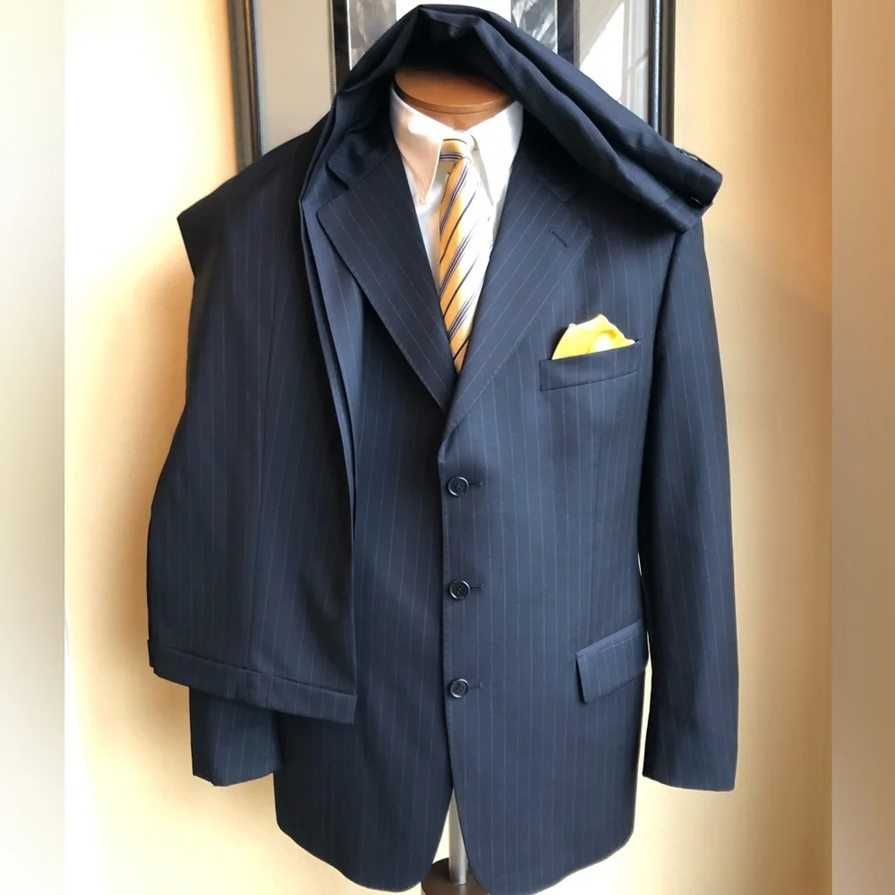Emilio Yuste Wool 2 Piece Navy Blue Pinstripe Suit Size 42R Slacks W35” L29.5”